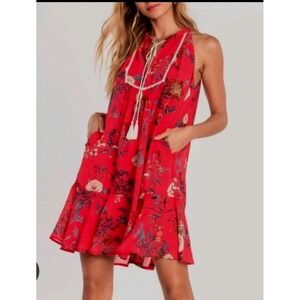 Miss Me Fairy Whimsy Red Floral Sleeveless Ruffled Mini Dress Flowy Lined SZ M